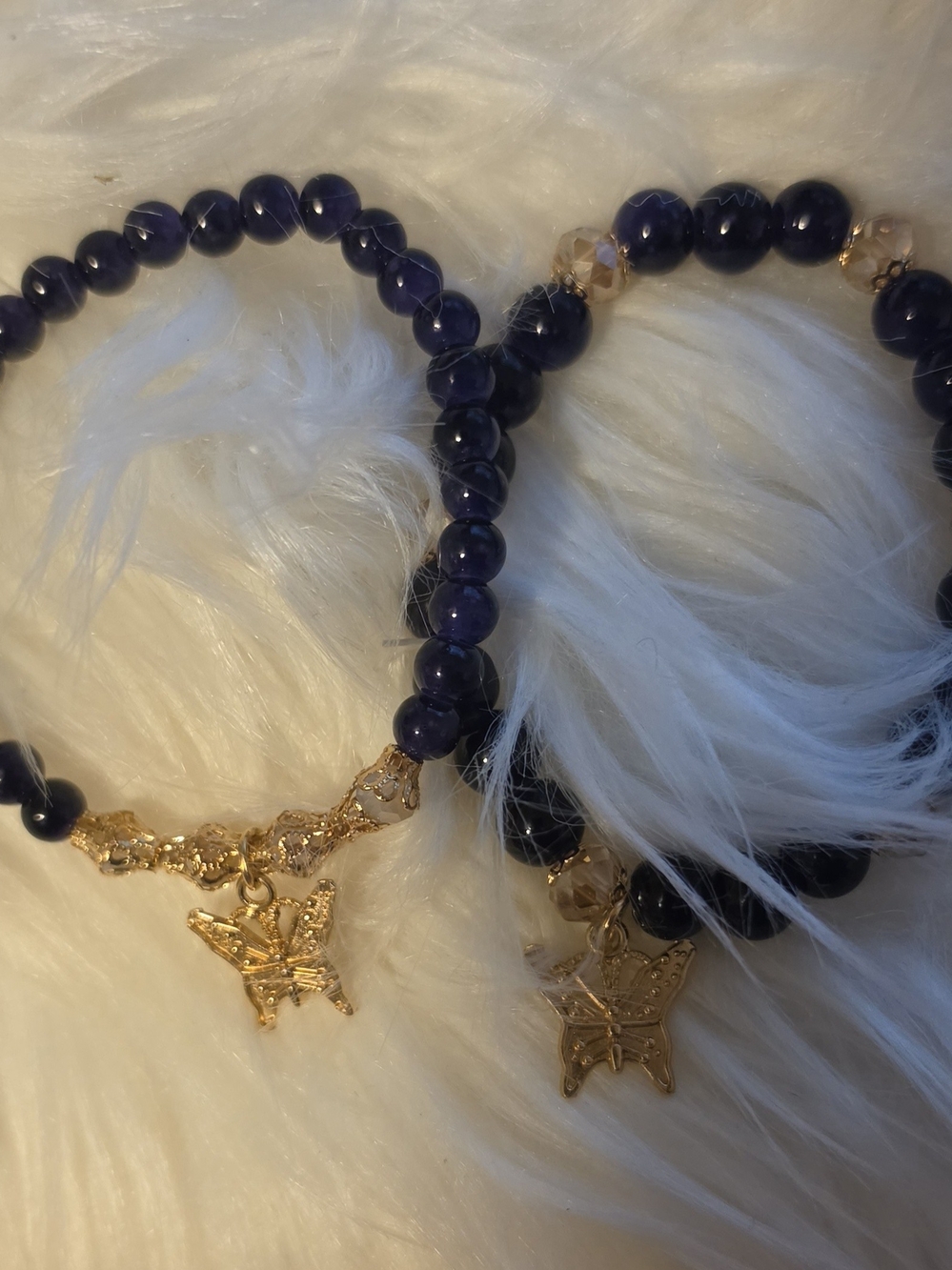 Gold Butterfly Charm Dark Blue Beaded Bracelet - Women Jewelry